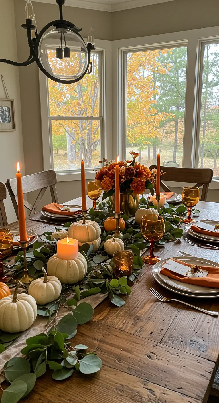 A rustic dining table decorated with a eucalyptus runner, white pumpkins, and orange candles.