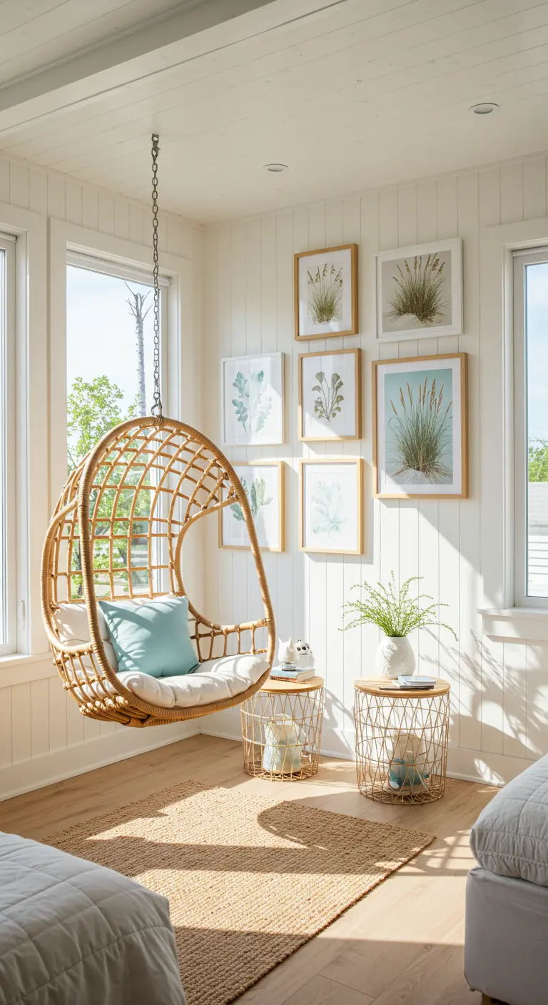 A hanging rattan egg chair in a sunlit corner with a gallery wall of coastal grass prints.