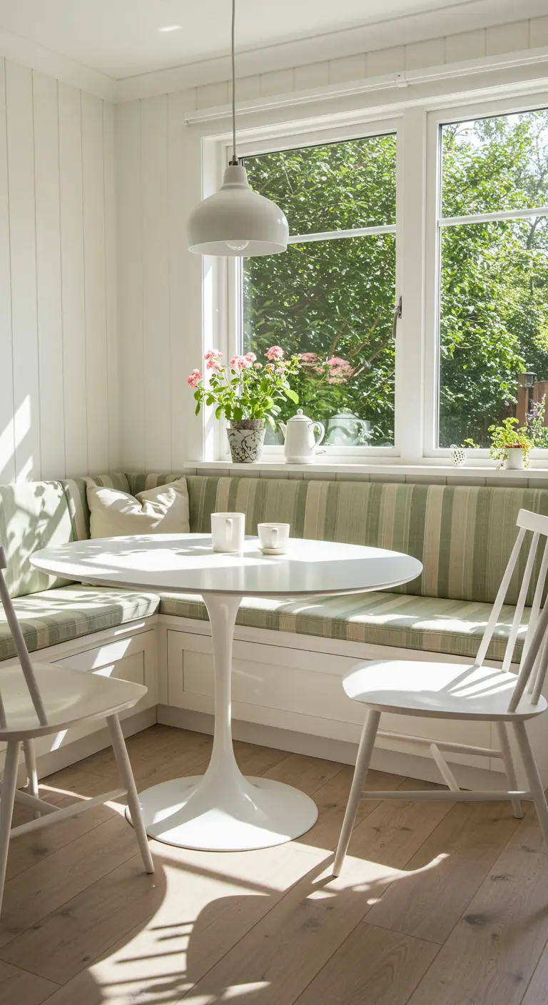 A light-filled breakfast nook with a sage green and white striped banquette and a tulip table.