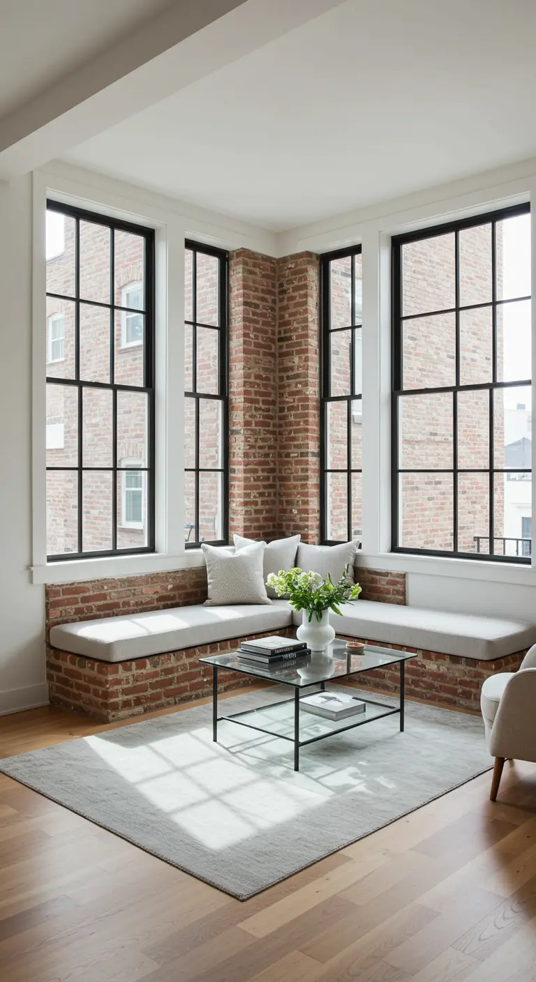 A sunny corner with a built-in banquette seat made of exposed brick and topped with cushions.