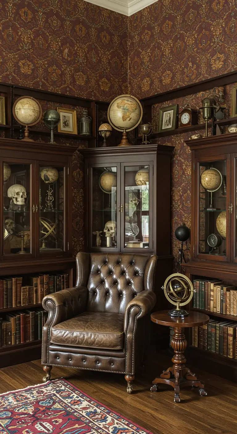 A reading corner with a leather armchair surrounded by dark wood cabinets filled with globes.