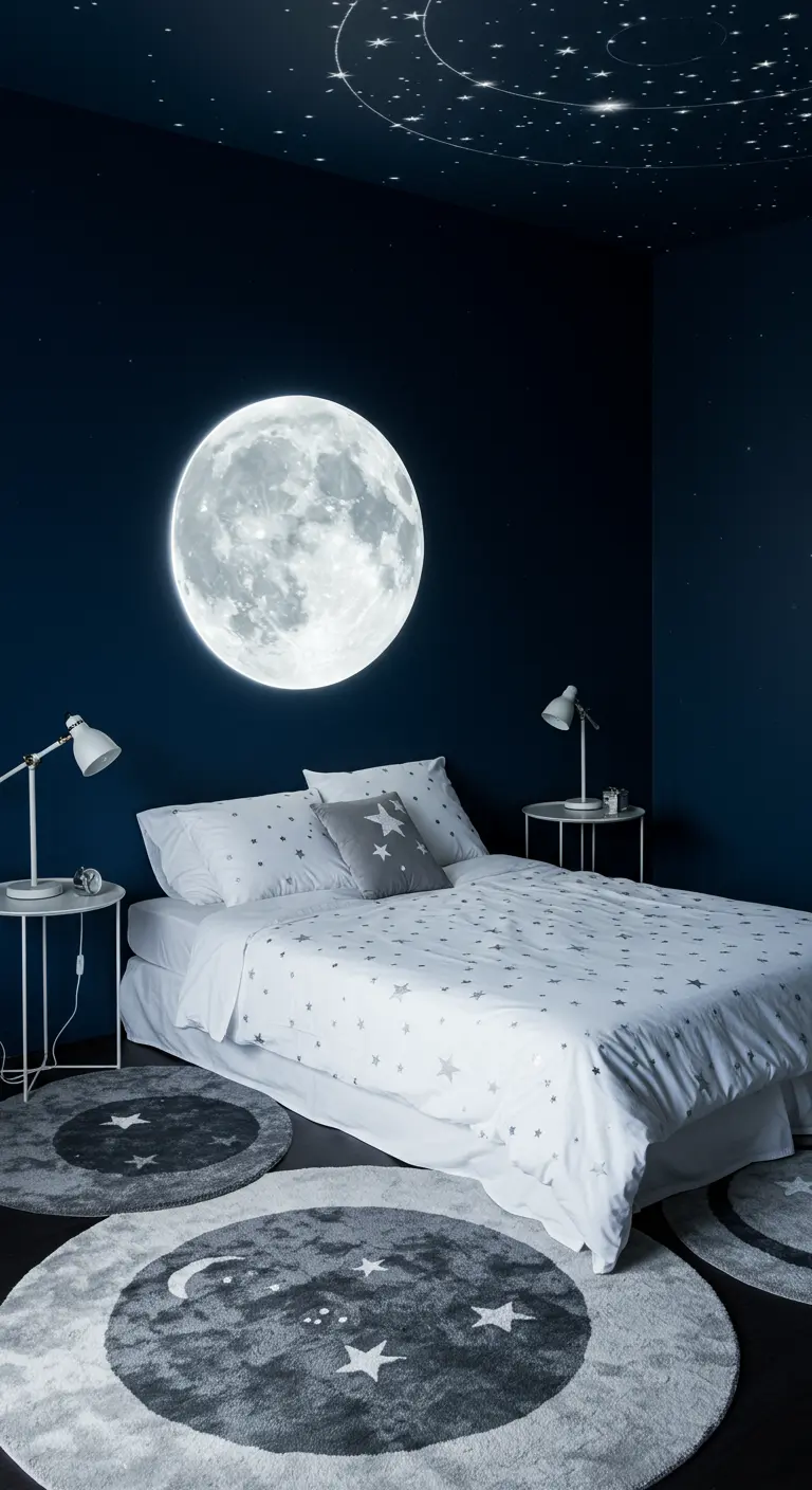 A dark blue bedroom with a large illuminated moon on the wall and starry decor.