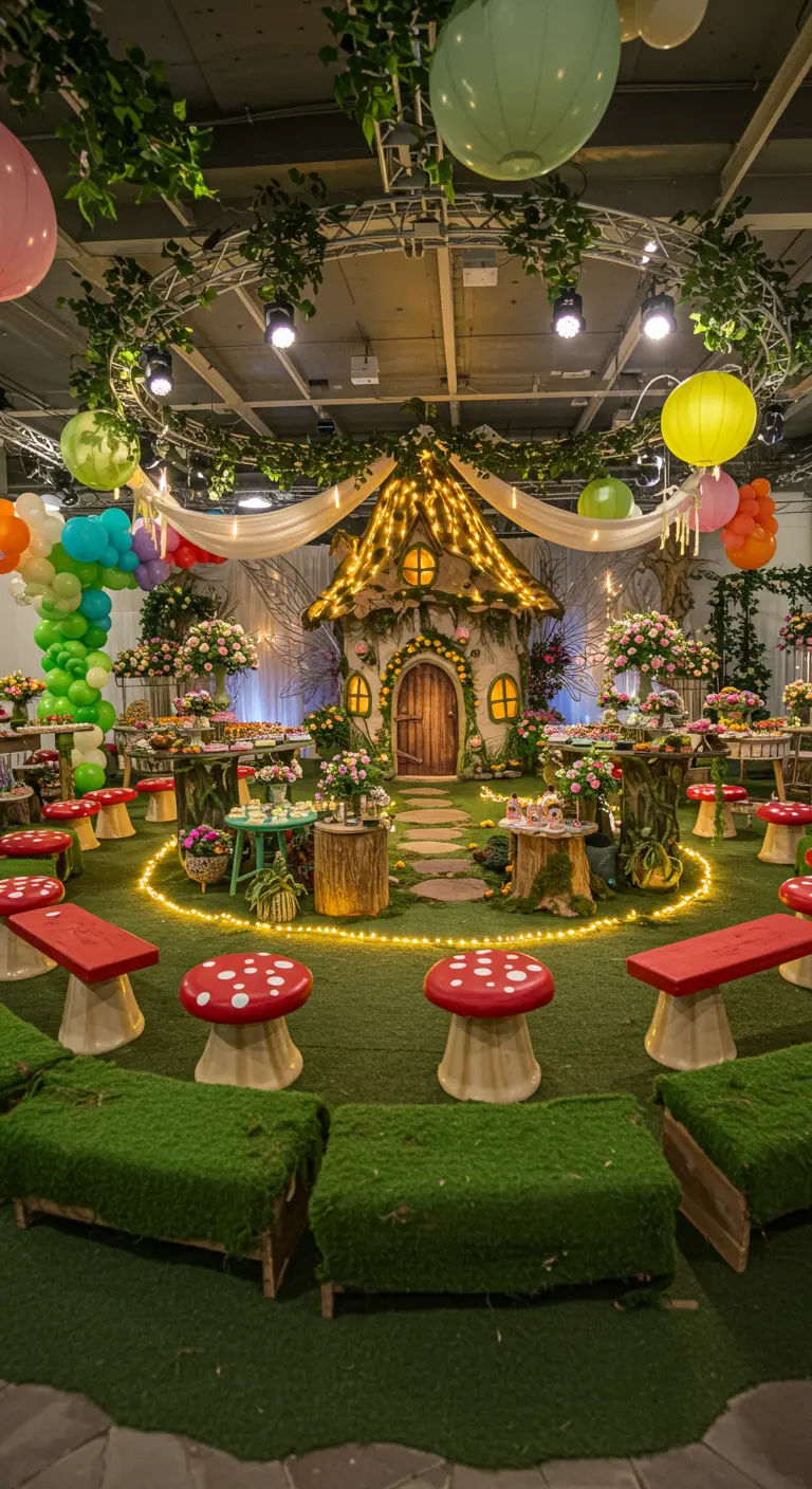 A party space set up like a village with a fairy house centerpiece and mushroom stools.