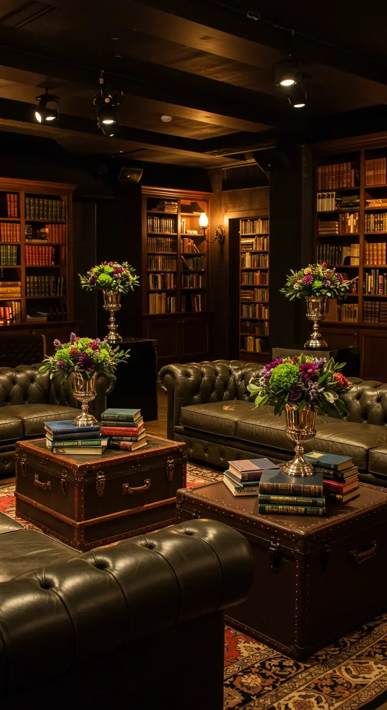 A lounge area with leather sofas, trunks as tables, and book-and-flower centerpieces.
