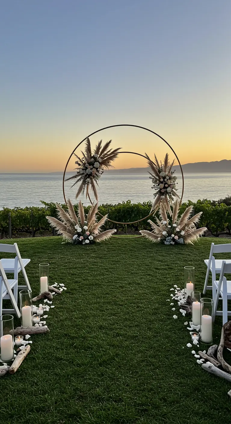 A double-hoop wedding arch with pampas grass overlooking the ocean next to a vineyard.