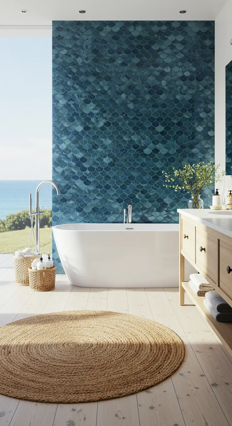 A light-filled bathroom with a sapphire fish-scale tile accent wall overlooking the ocean.