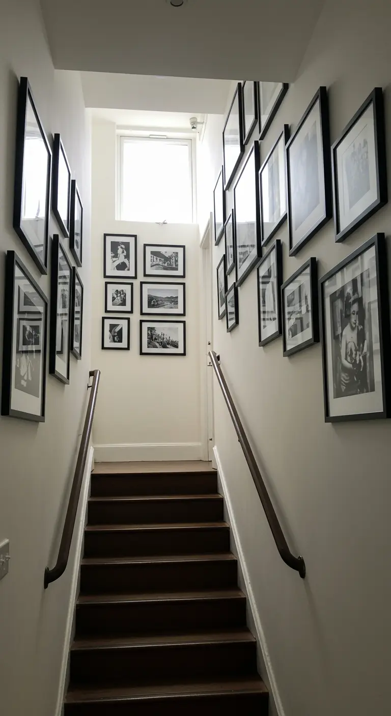 A narrow stairway lined with a gallery wall of black-and-white photos.