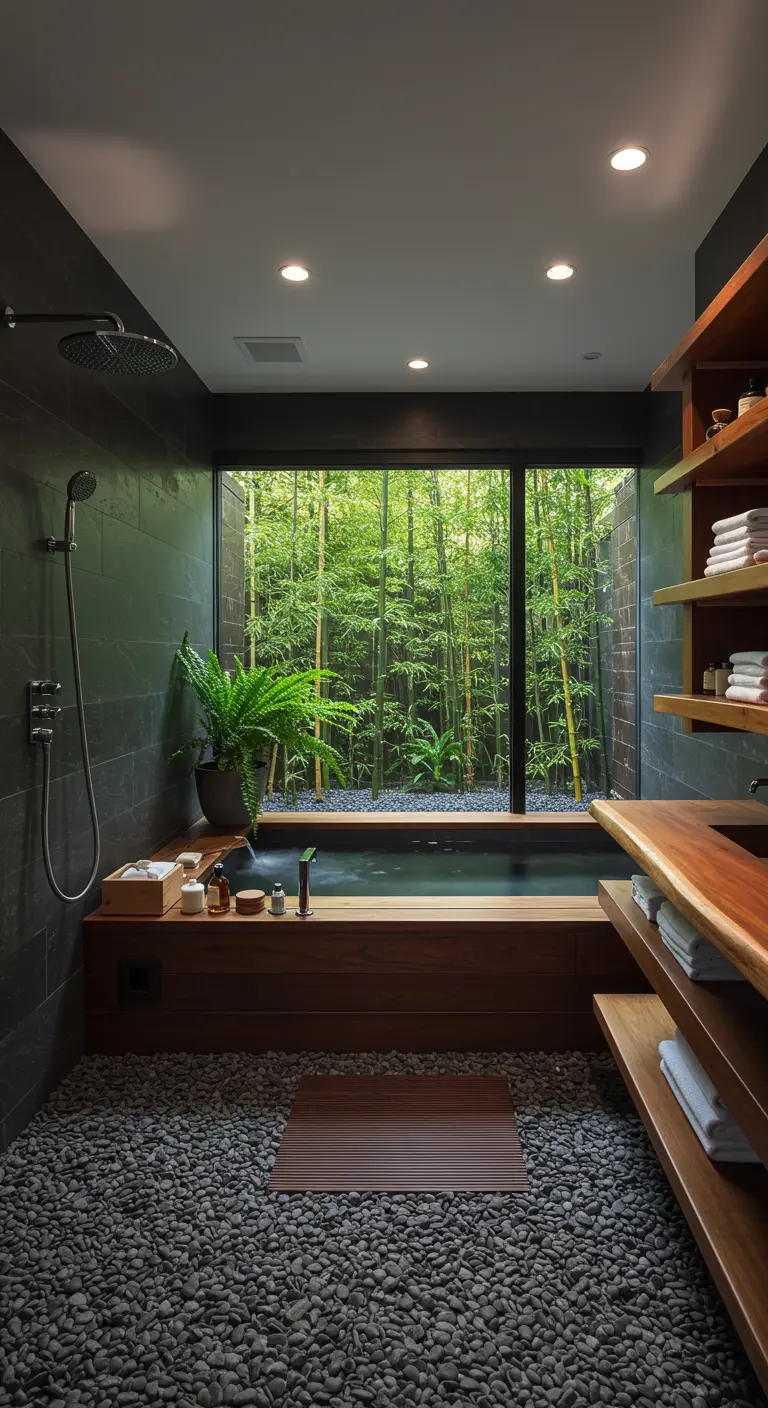 Zen bathroom with pebble floors, a soaking tub, and a window view of a bamboo forest.