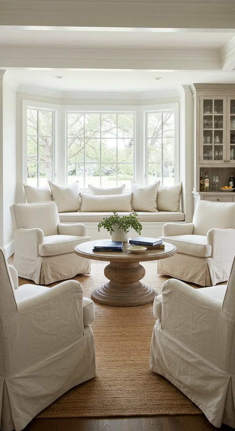 Four white slipcovered armchairs arranged in a circle around a round pedestal coffee table.