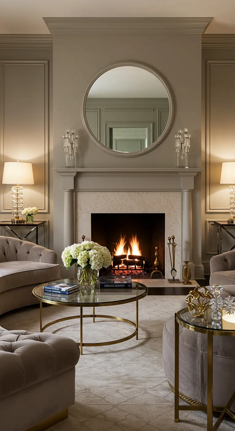 Two curved grey tufted sofas facing each other in front of a fireplace.