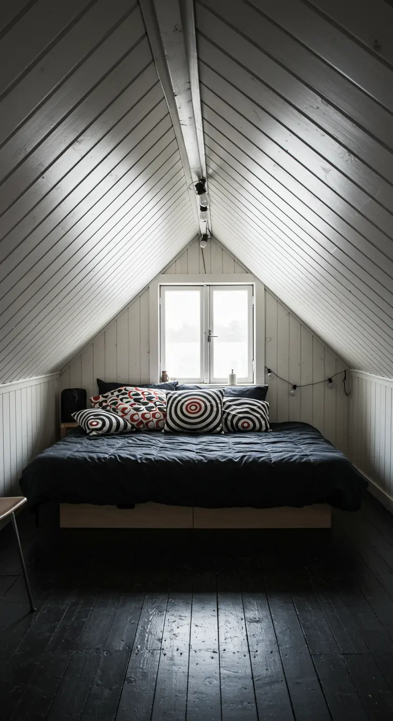 Cozy attic bedroom with slanted white-paneled ceilings and a low bed with graphic pillows.