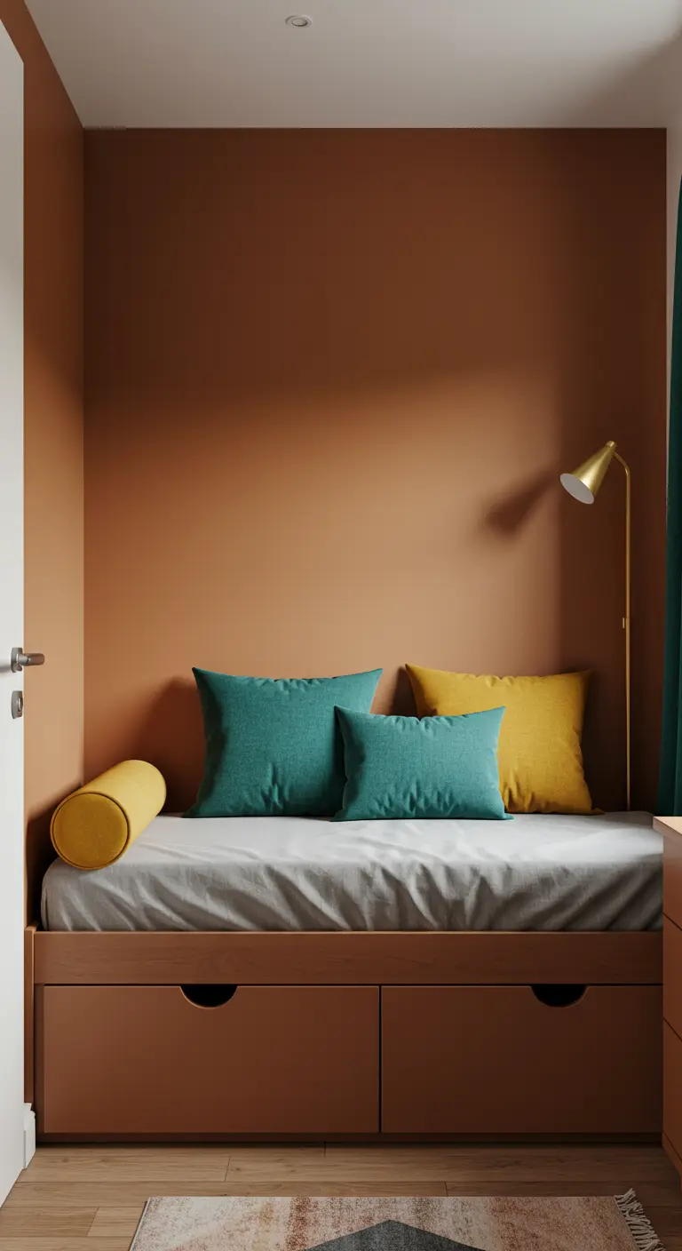 A cozy daybed nook with terracotta walls, with teal and mustard pillows.