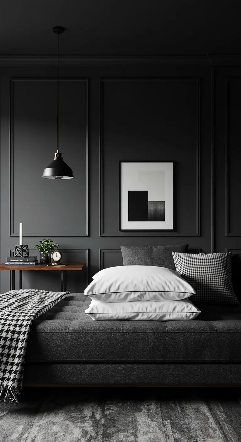A moody, dark daybed nook with stacked white pillows and houndstooth throws against a paneled wall.