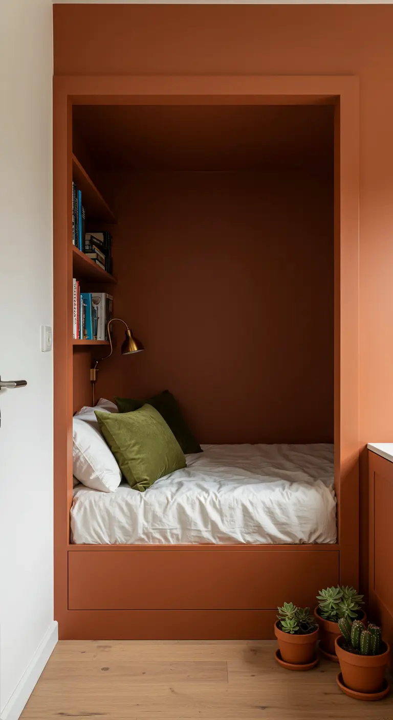 A bed built into a cozy, terracotta-colored nook with bookshelves.
