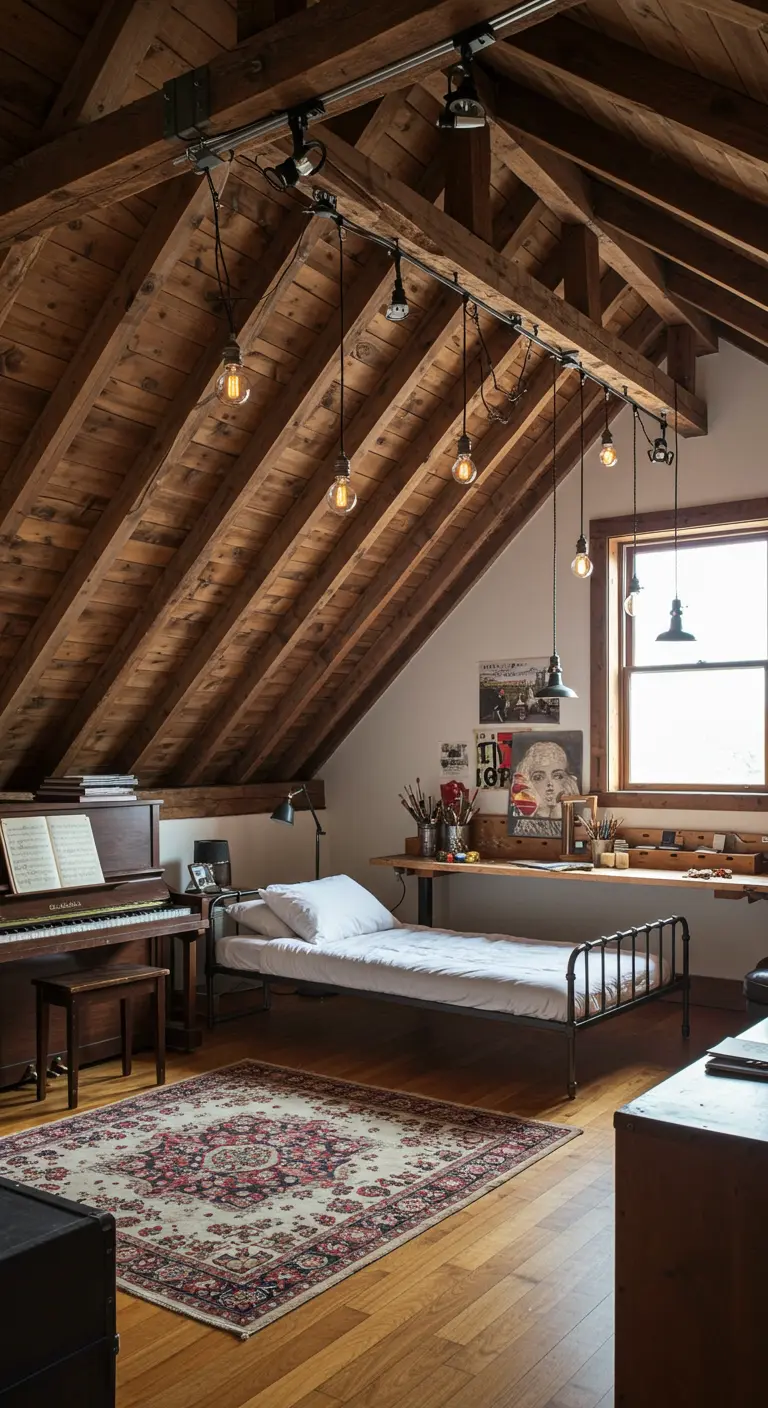 Attic studio space with a bed, a long desk, a piano, and track lighting.