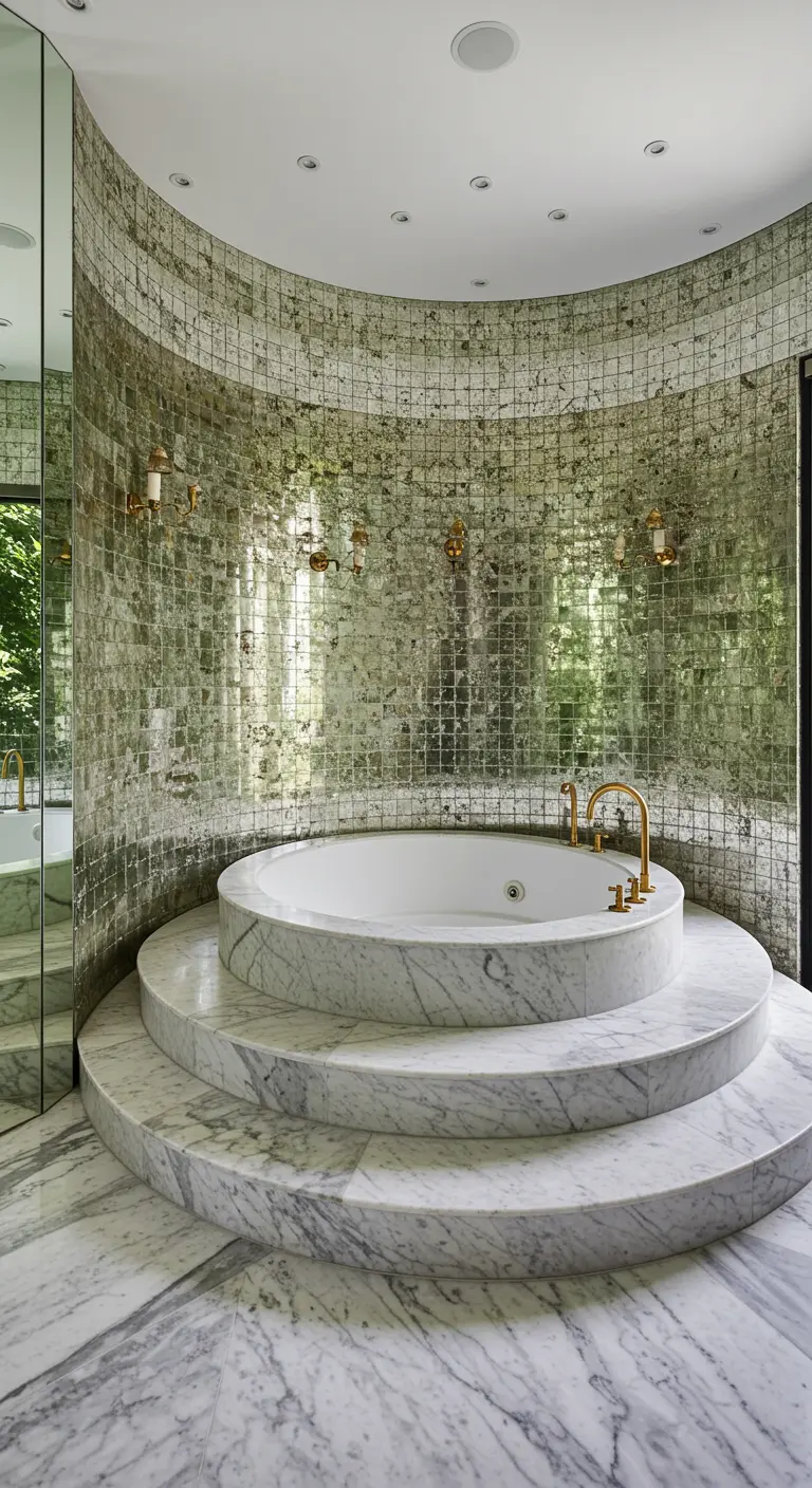 Sunken round tub in a curved alcove with shimmering mosaic tiles and marble steps.