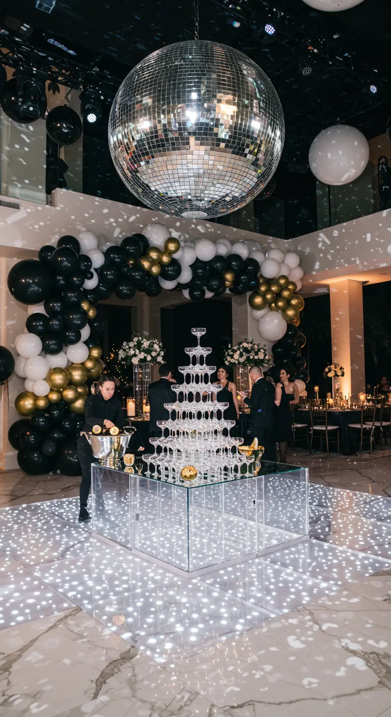 A champagne tower on an LED dance floor, framed by a massive black, white, and gold balloon arch.