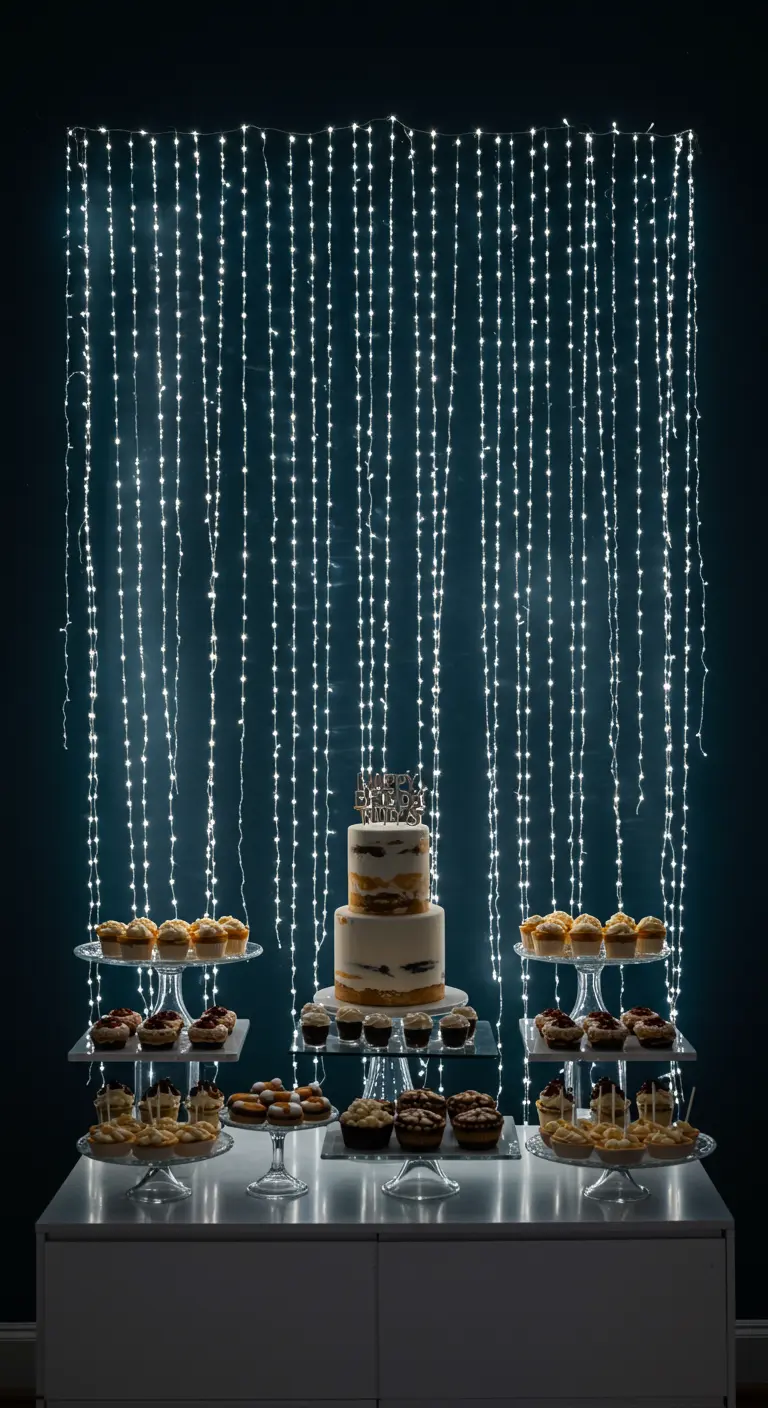 A dessert table with a cake and cupcakes in front of a curtain of cool-white string lights.