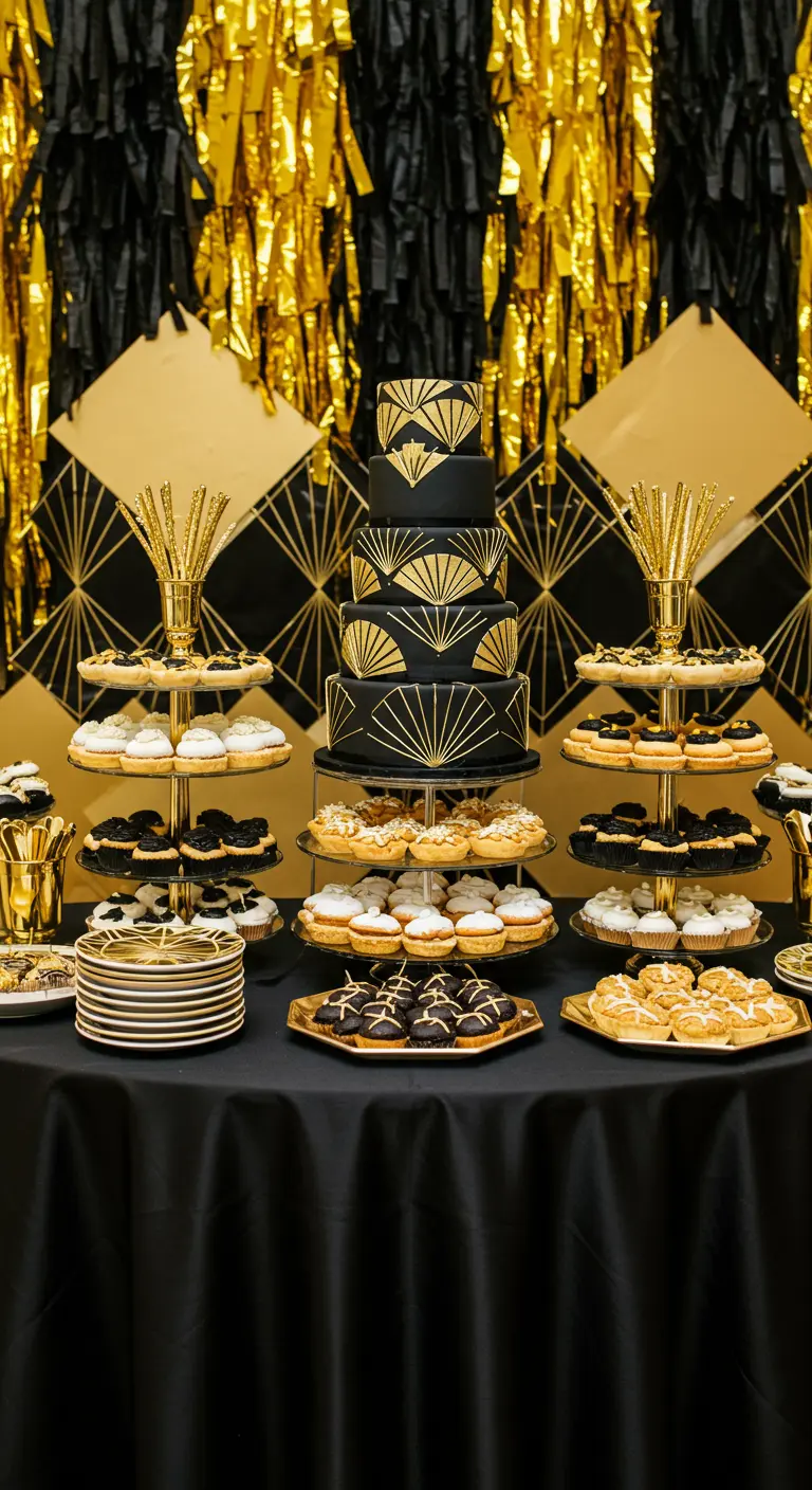 An Art Deco dessert table with a tiered cake and black-and-gold backdrop.
