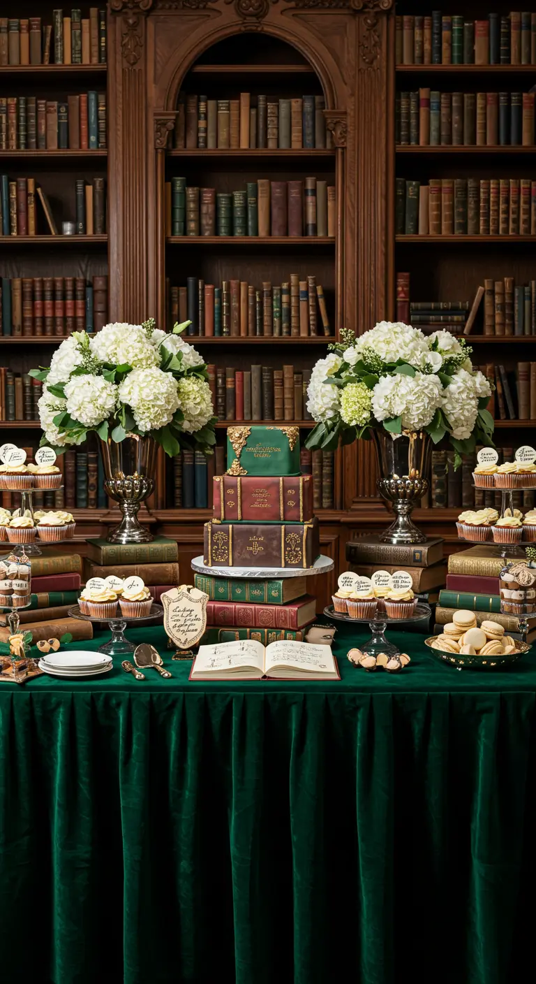 An elegant dessert table with a book-shaped cake, cupcakes, and white flowers in a library setting.