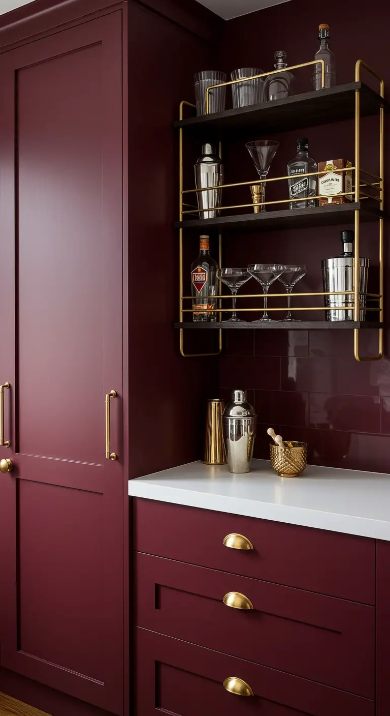A chic bar nook with deep burgundy cabinets and elegant gold-and-wood wall shelves for glassware.