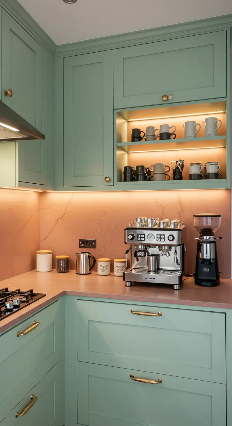 A dedicated coffee station with an espresso machine on a pink counter below open shelves.