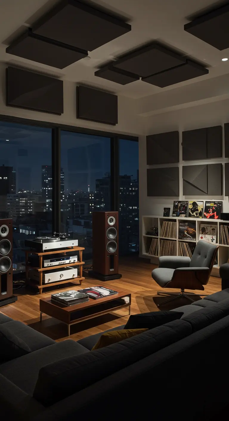 A dedicated listening room in a loft with acoustic panels, vinyl collection, and high-end speakers.