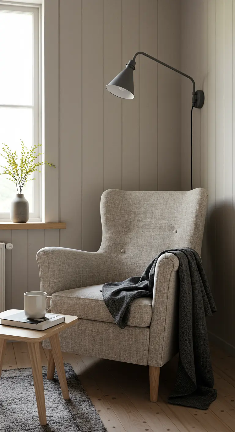 Cozy reading corner with a grey armchair, a black swing-arm wall lamp, and a small wood table.