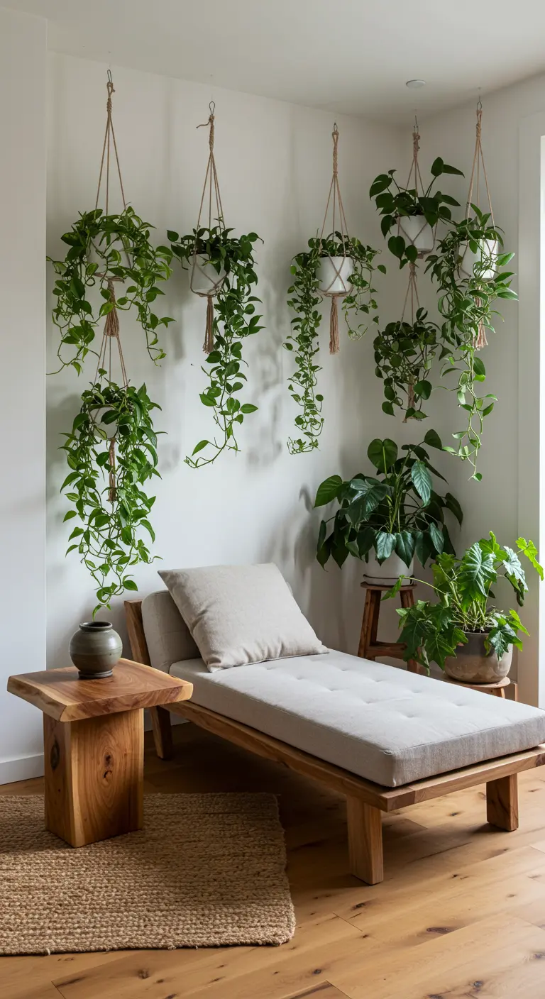 A minimalist chaise lounge in a corner surrounded by numerous hanging plants.