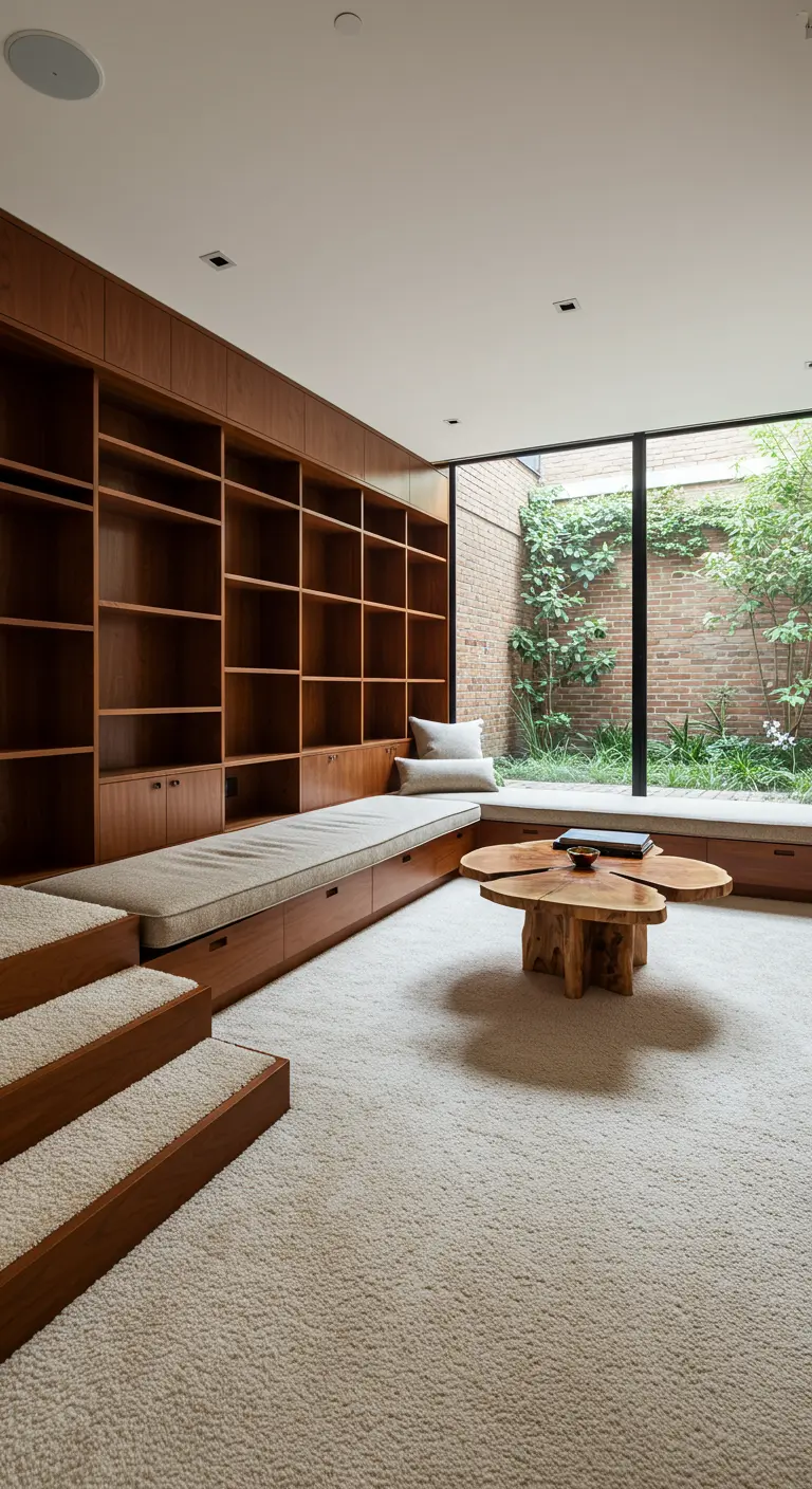 Cozy reading room with wood built-in shelves and a sunken seating area with a small live-edge table.