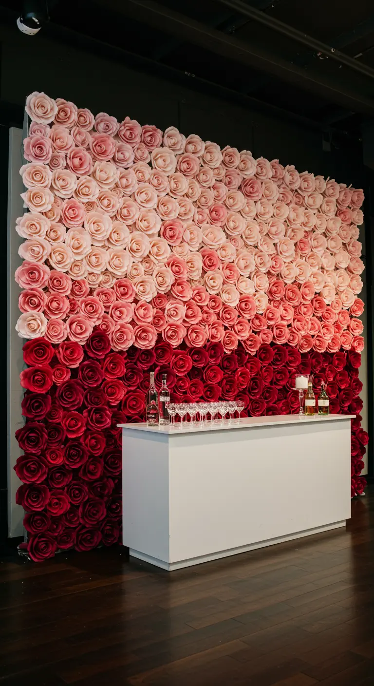 A stunning ombré wall of paper roses, transitioning from deep red to pale pink behind a white bar.
