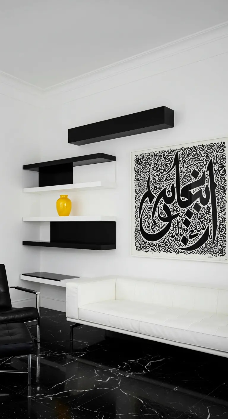 Interlocking black and white floating shelves next to large black-and-white calligraphy art.