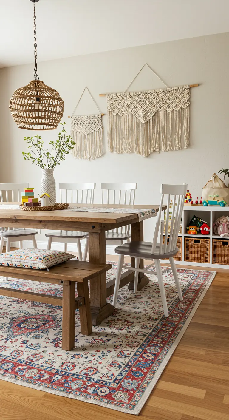 A family dining room with bench seating, macramé wall art, and open shelving for toys.