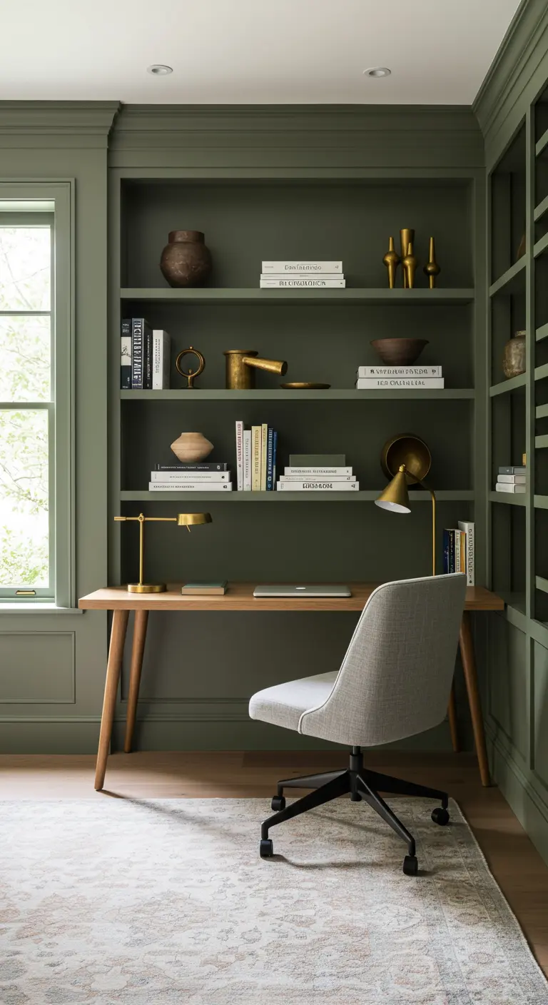 Home office with sage green built-in bookshelves and walls, paired with a wooden desk.