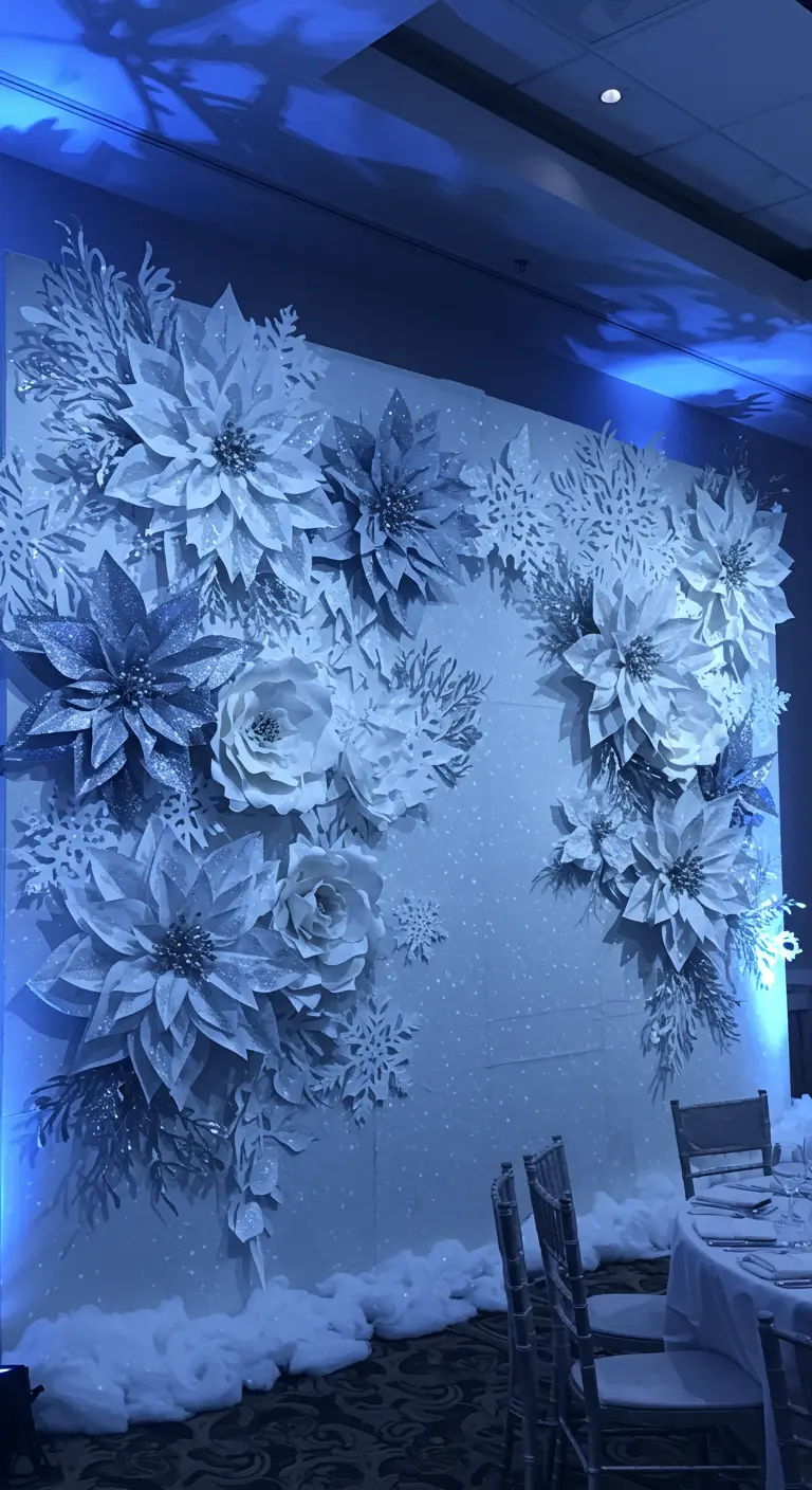A winter-themed wall decorated with glittery silver and white paper poinsettias and snowflakes.