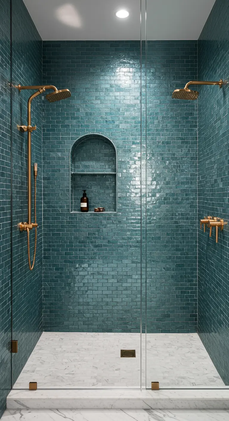 Walk-in shower completely tiled in glossy teal subway tiles, with brass fixtures and a small niche.