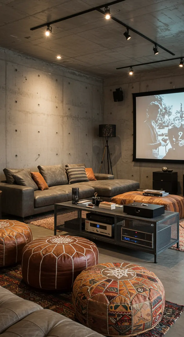 Home theater with a concrete wall, projector screen, and a low metal mesh media console.