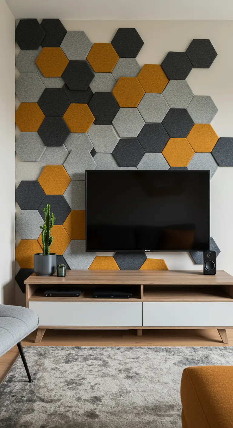 A TV wall decorated with yellow, grey, and charcoal hexagonal panels.