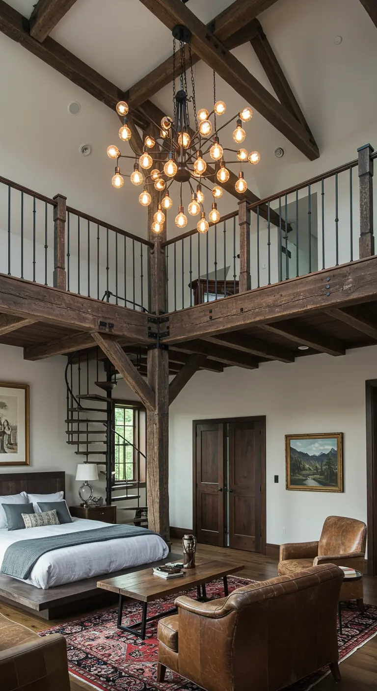 Two-story barn-style bedroom with a loft, spiral staircase, and a sitting area below.