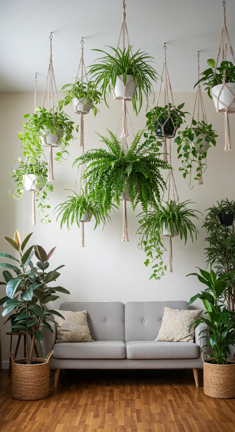 A collection of different plants in macrame hangers suspended from the ceiling over a sofa.
