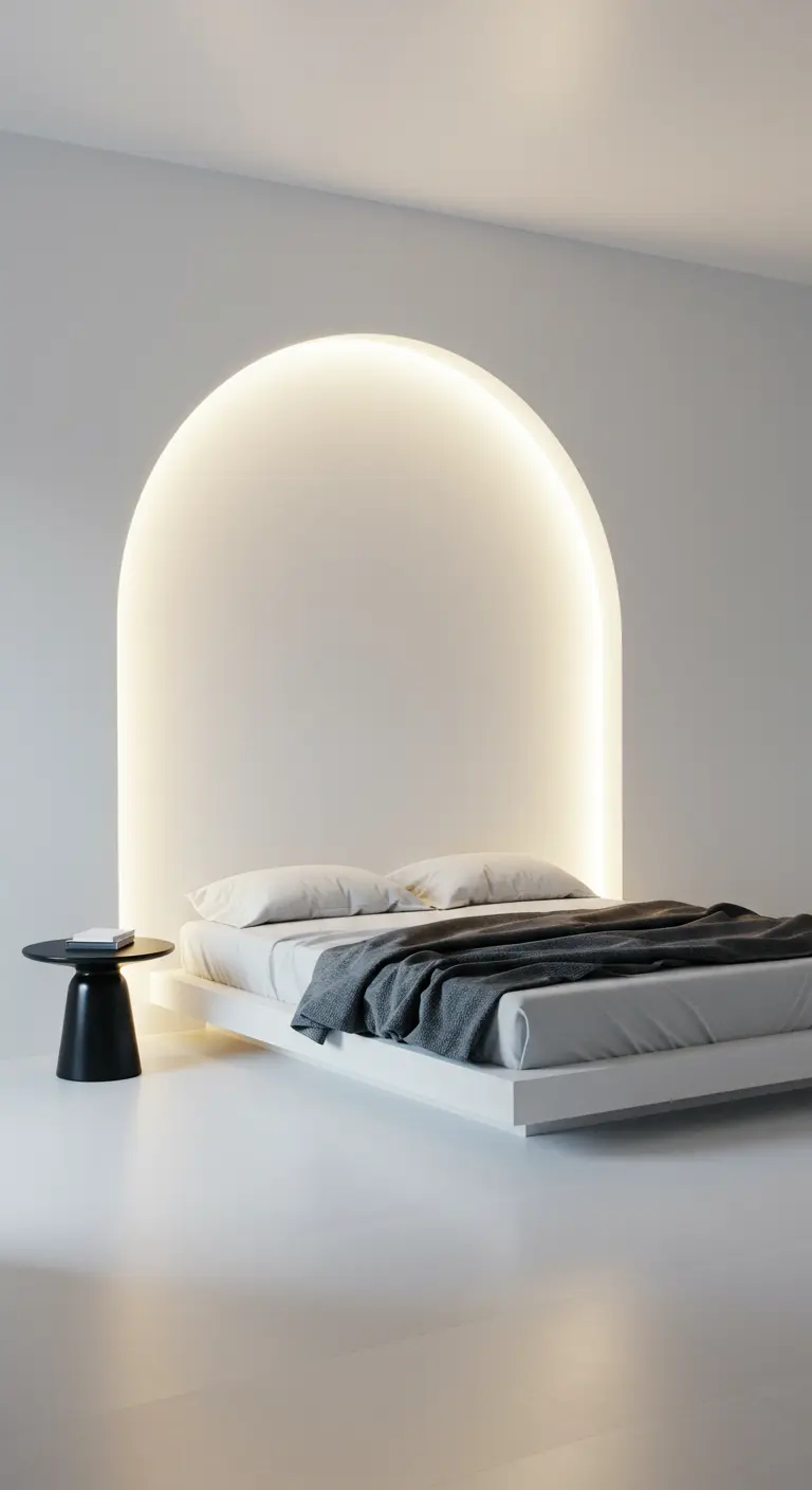 A minimalist white bedroom where a large, glowing arch of light serves as the headboard.