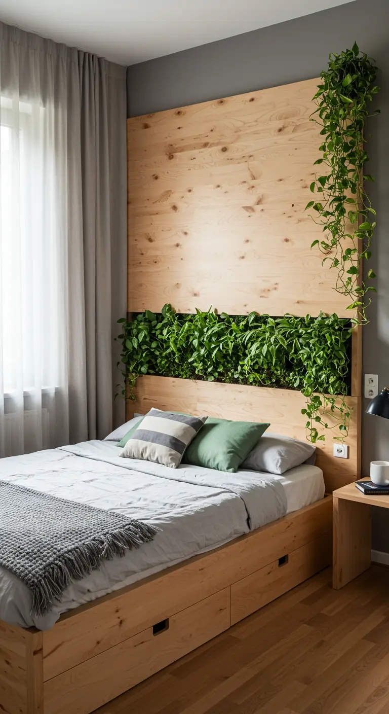 A light wood headboard with a built-in planter shelf filled with lush green plants.