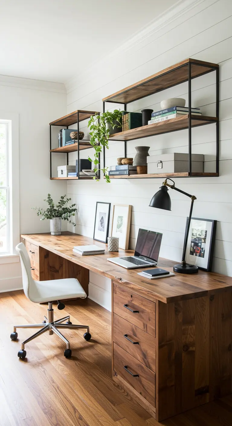Home office with a large wood desk and black metal-framed wall shelves on a shiplap wall.