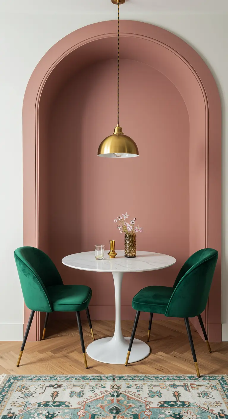 Pink arched dining nook with green velvet chairs and a brass pendant.