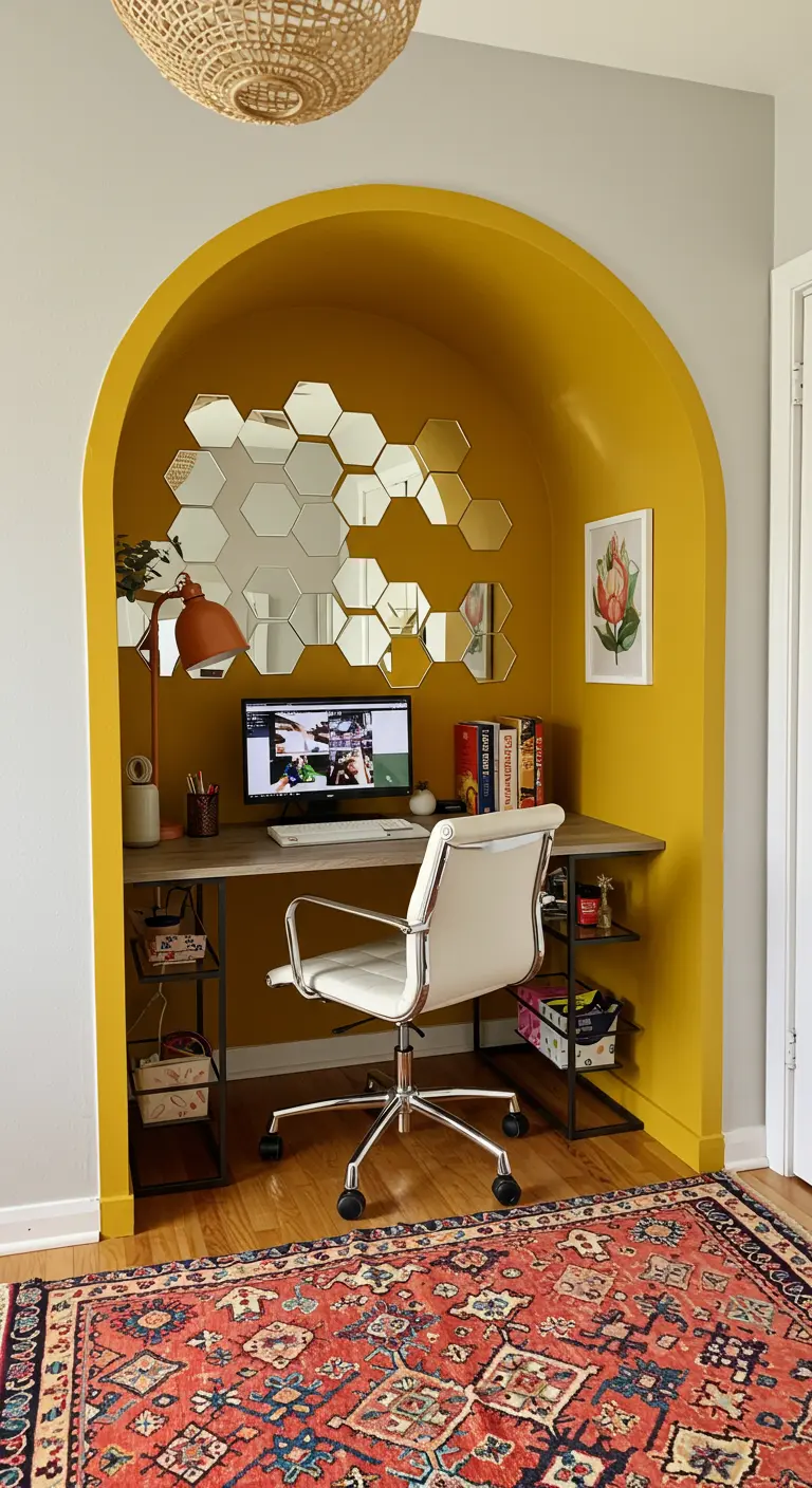 A home office with a desk and chair set inside a bright yellow painted arch.