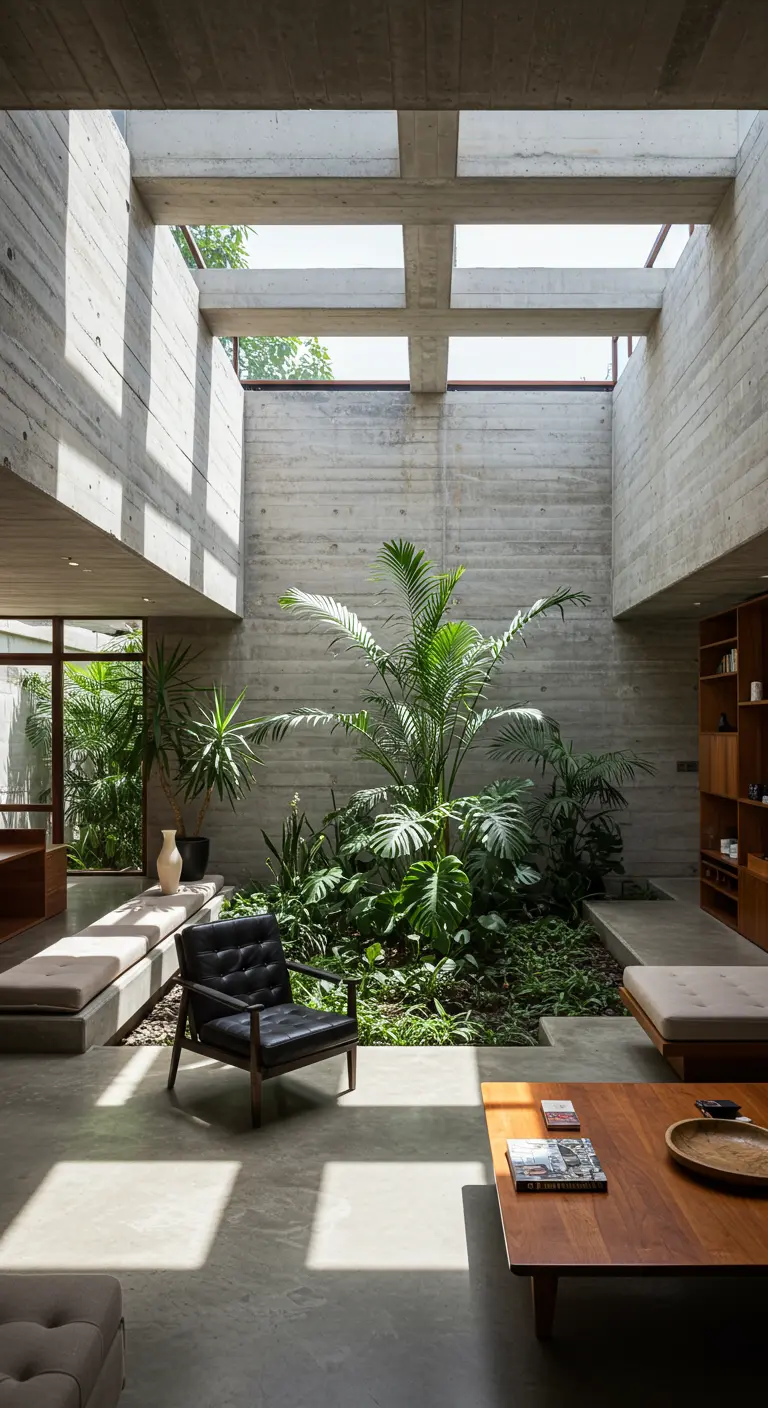 Concrete living room with a central skylit atrium filled with tropical plants and mid-century furniture.