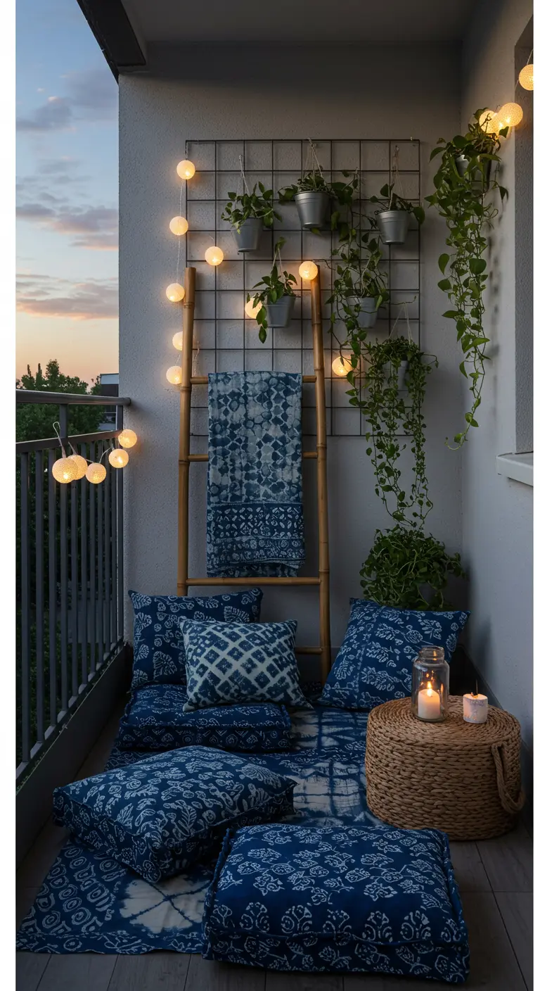 A balcony with indigo-patterned cushions and a wall grid used as a vertical garden.