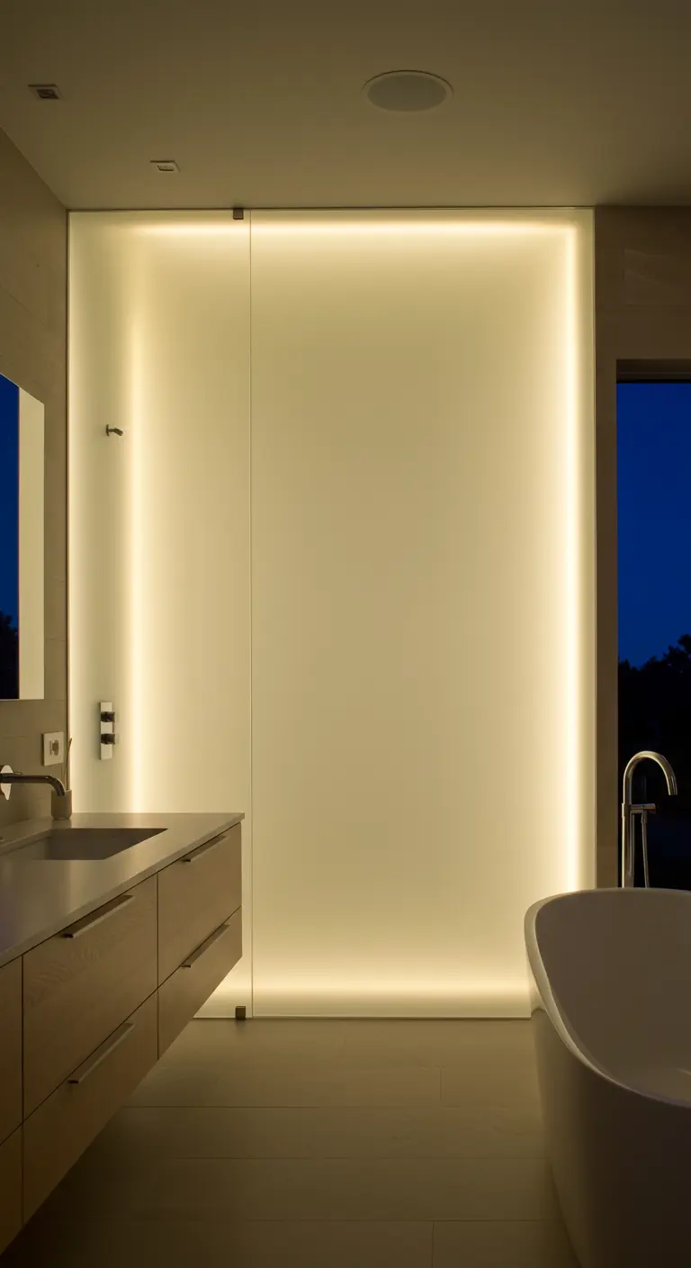 A frosted glass shower wall backlit with warm LED light.