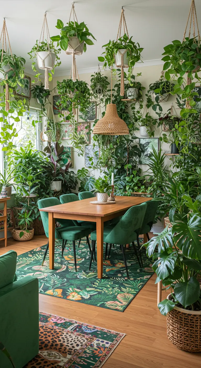 A dining room filled with dozens of hanging and potted plants, green chairs, and a tropical rug.