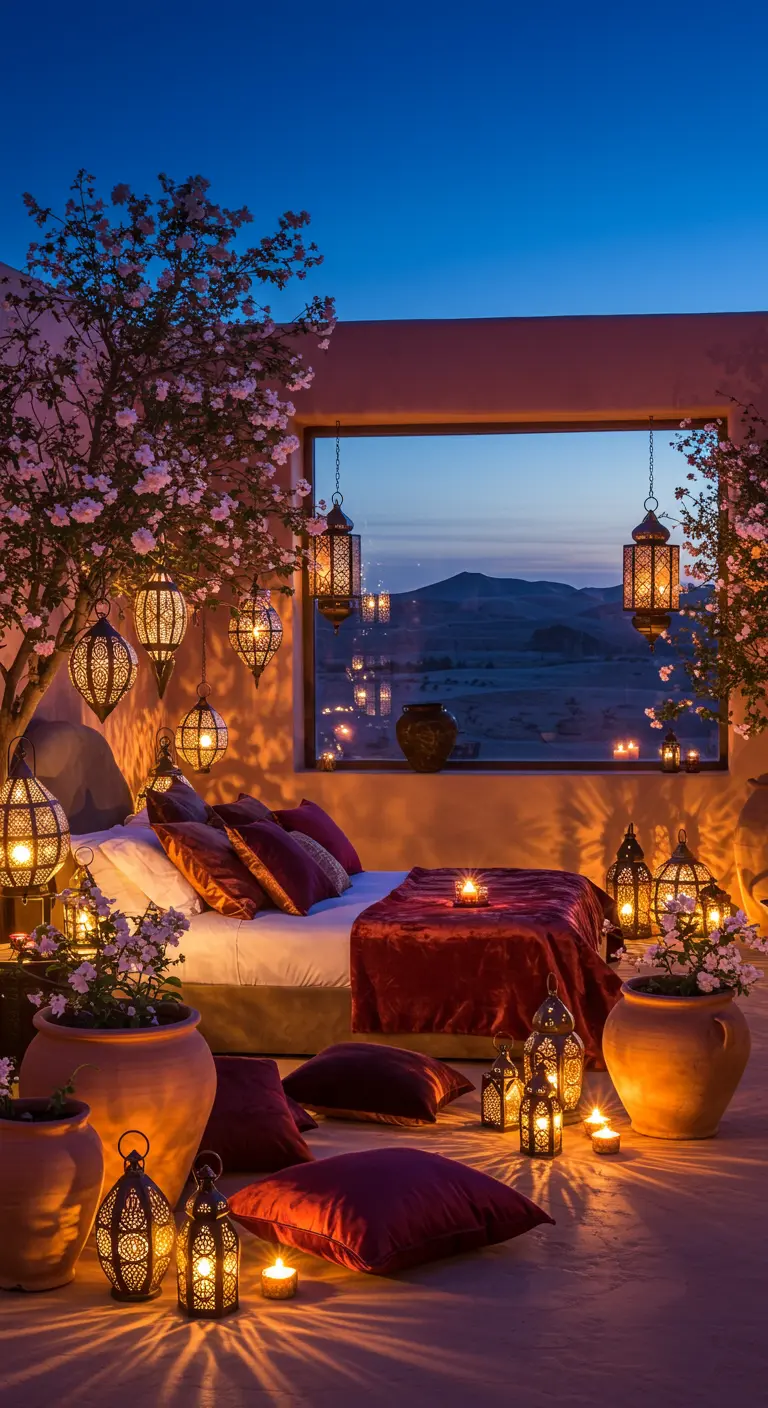 Romantic outdoor bedroom at night with many Moroccan lanterns and candles.